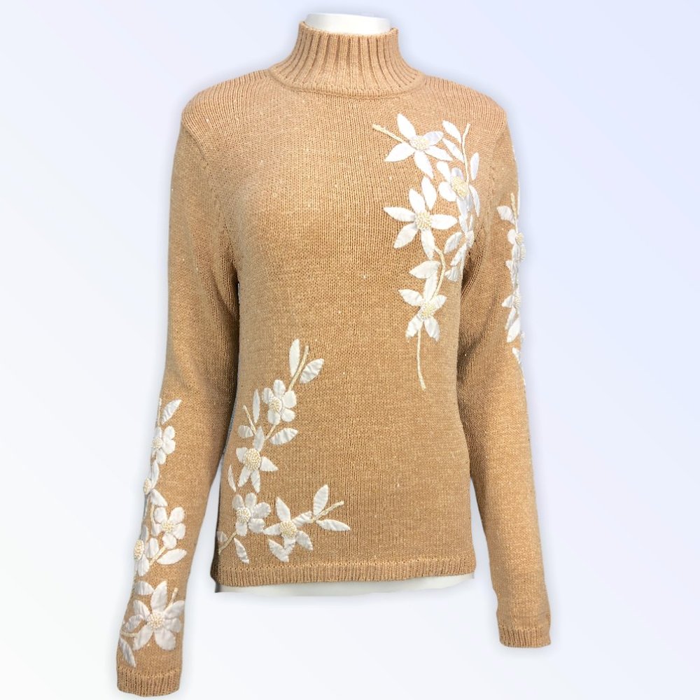 Vtg ebene by Patrick Assuline Floral Embellished Knit pullover sweater fit S/M
